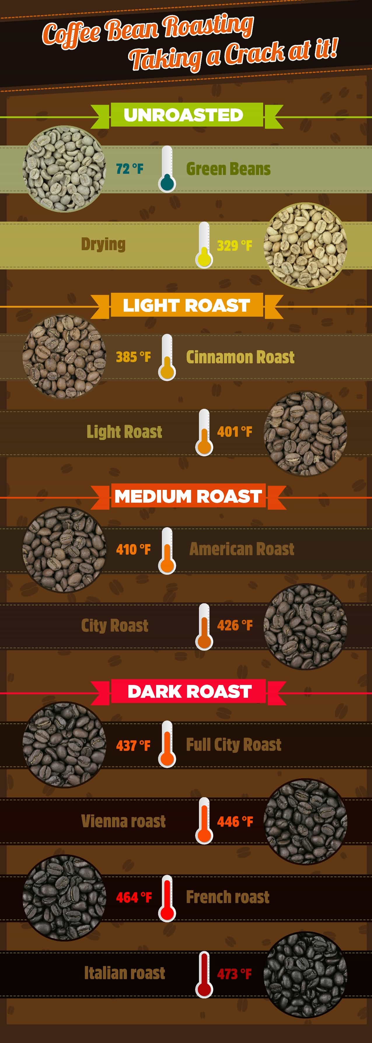 Coffee Bean Roasting - Infographic unroasted, light, medium, dark roast