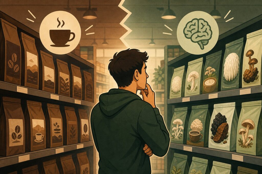 Mushroom coffee products on a grocery store shelf