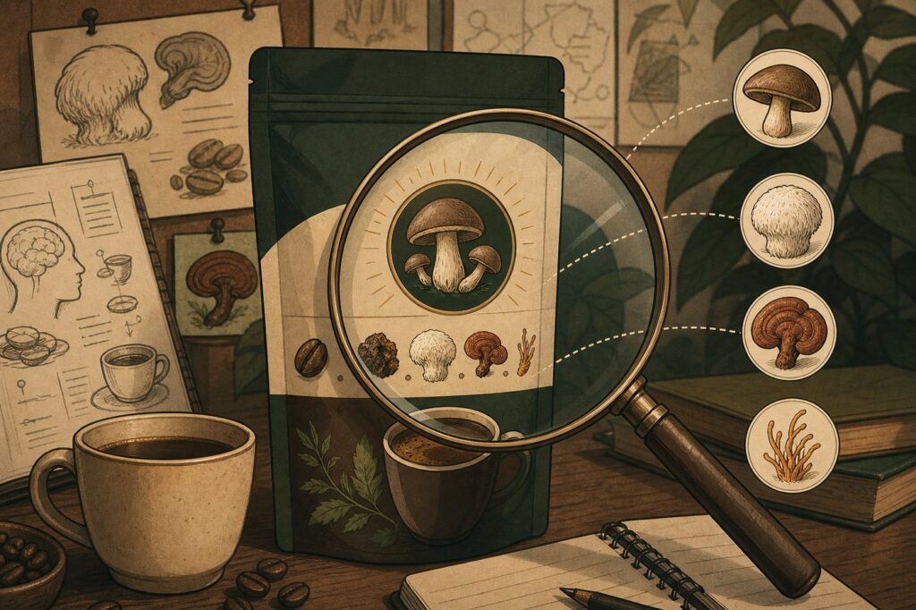 Reading a mushroom coffee label — fruiting body, dose, and caffeine