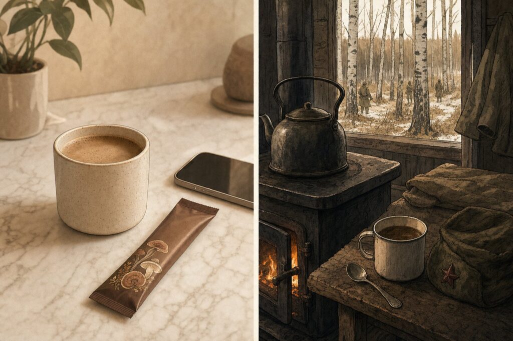 Modern wellness mushroom coffee versus wartime Finnish chaga substitute