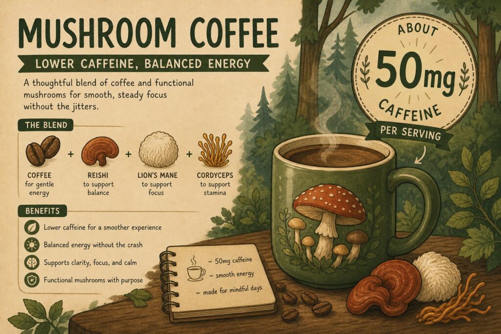 Mushroom coffee caffeine compared to a regular coffee cup