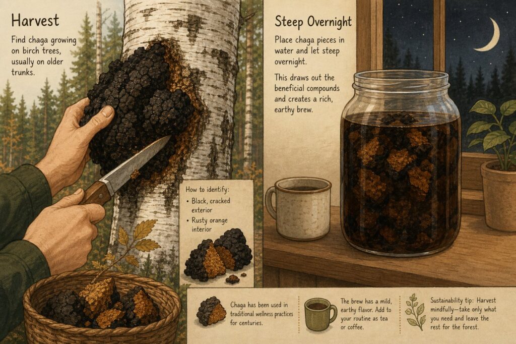 Finnish chaga harvested and steeped overnight as wartime coffee substitute