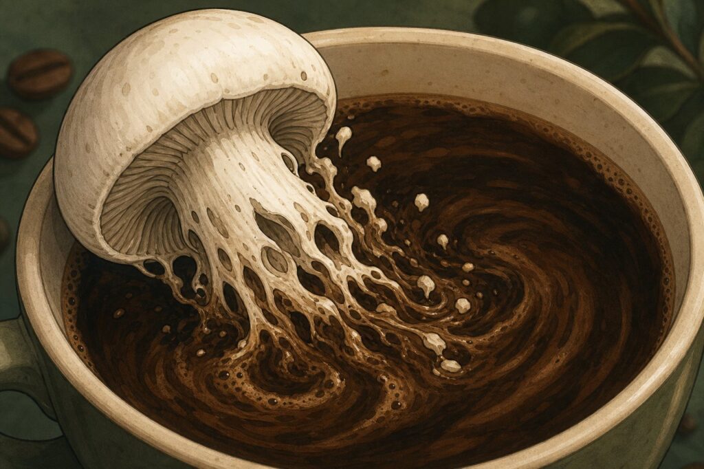 Mushroom coffee concept — fungus blending into a cup of coffee