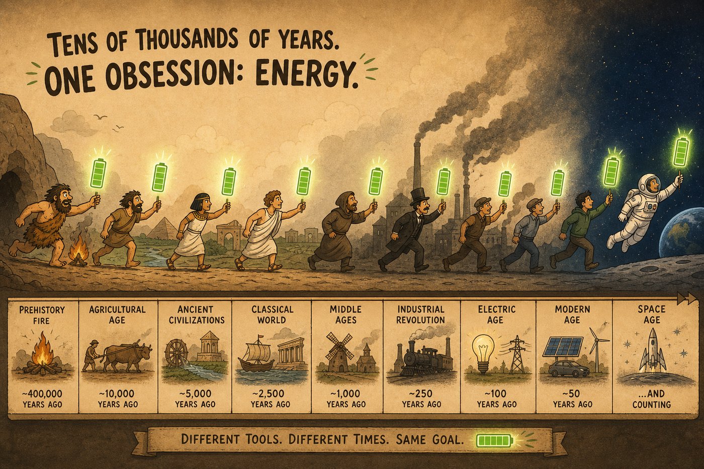 Timeline of human history showing the same pursuit of energy from prehistoric fire to the space age