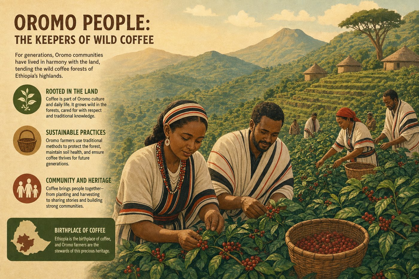 Oromo people harvesting wild coffee cherries in the Ethiopian highlands, the birthplace of coffee