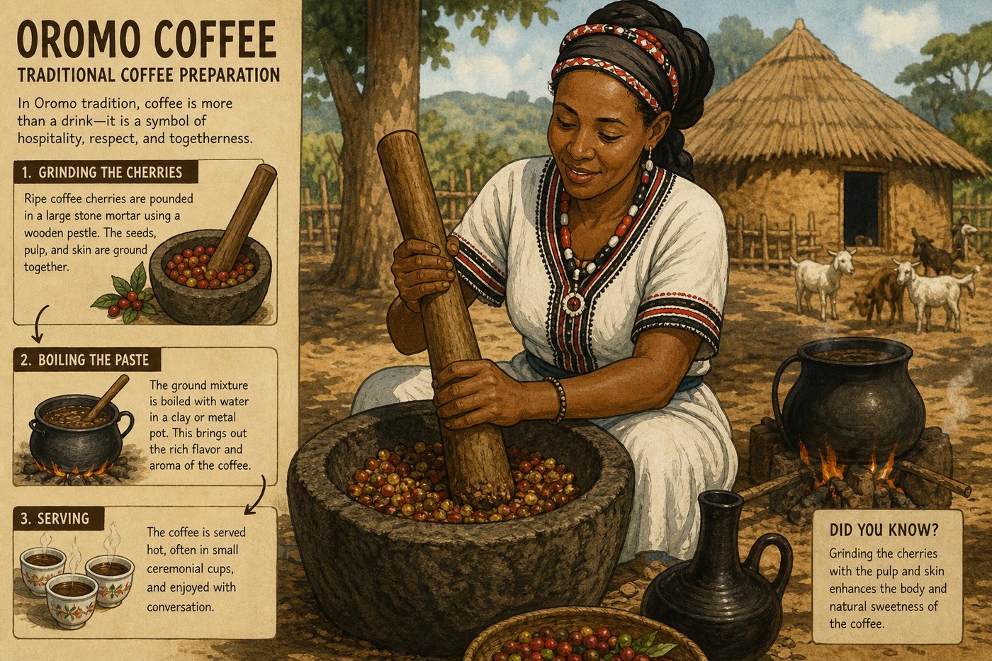 Traditional Oromo coffee preparation: grinding coffee cherries in a stone mortar and boiling with butter