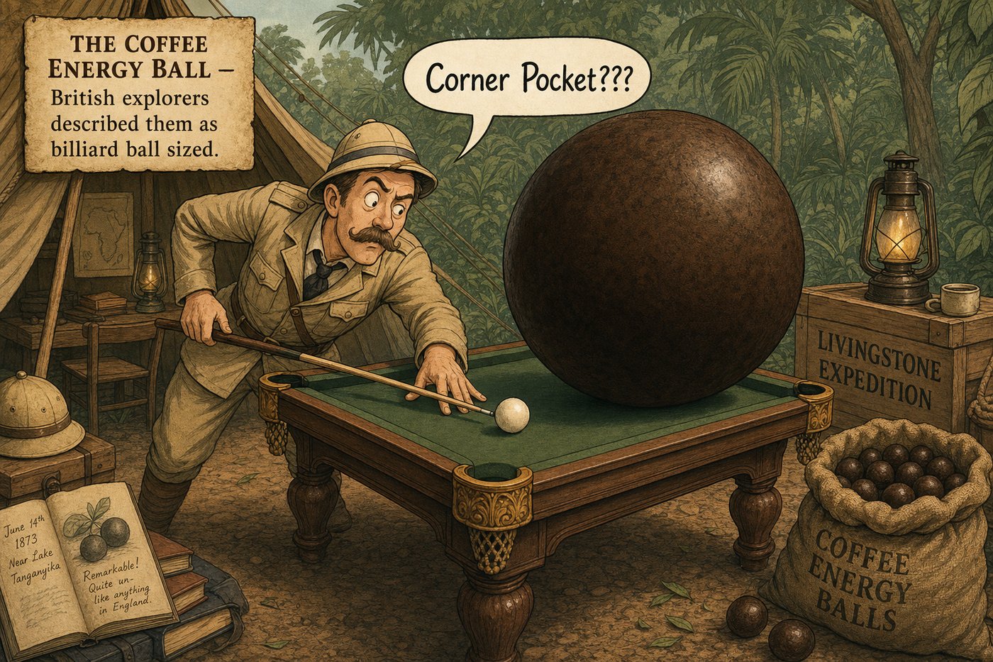Illustration of an 18th century explorer encountering a coffee energy ball the size of a billiard ball