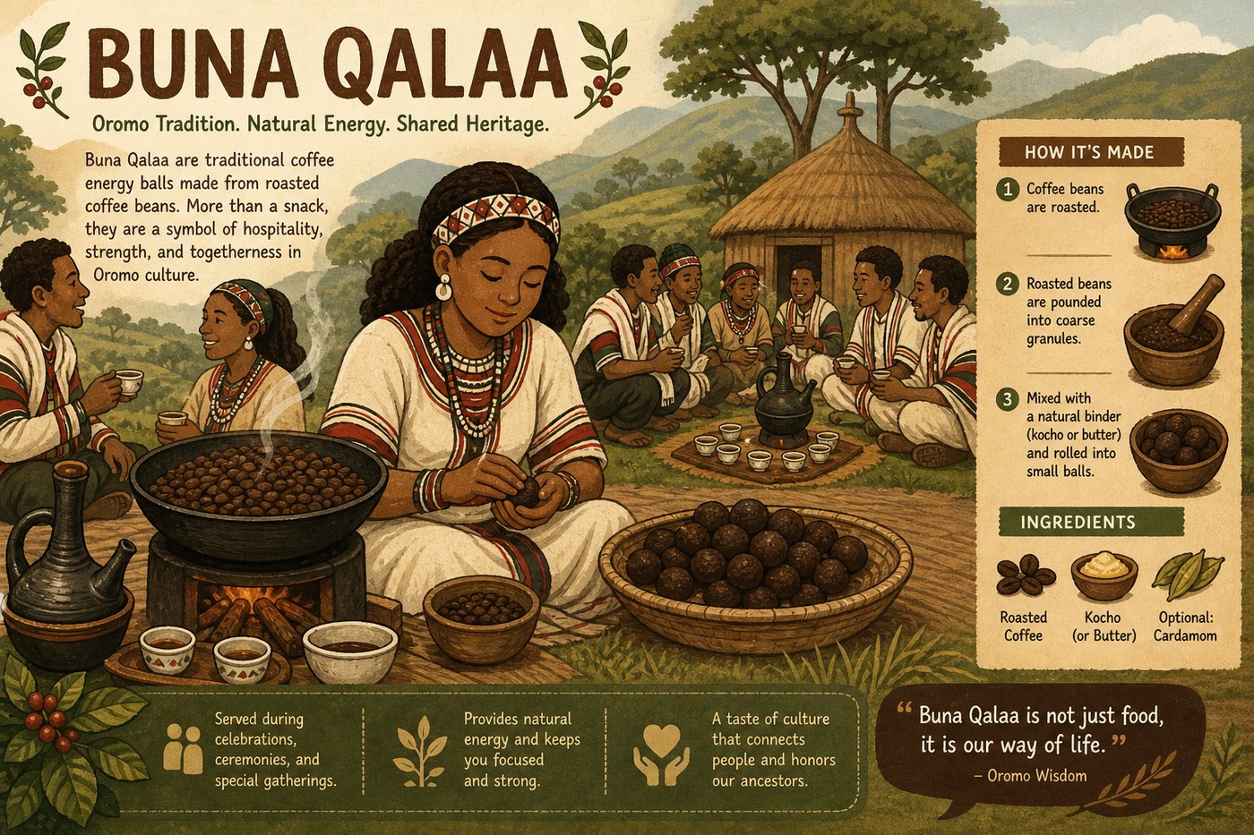 Buna qalaa ceremony: Oromo community sharing roasted coffee energy balls, a tradition of hospitality and strength