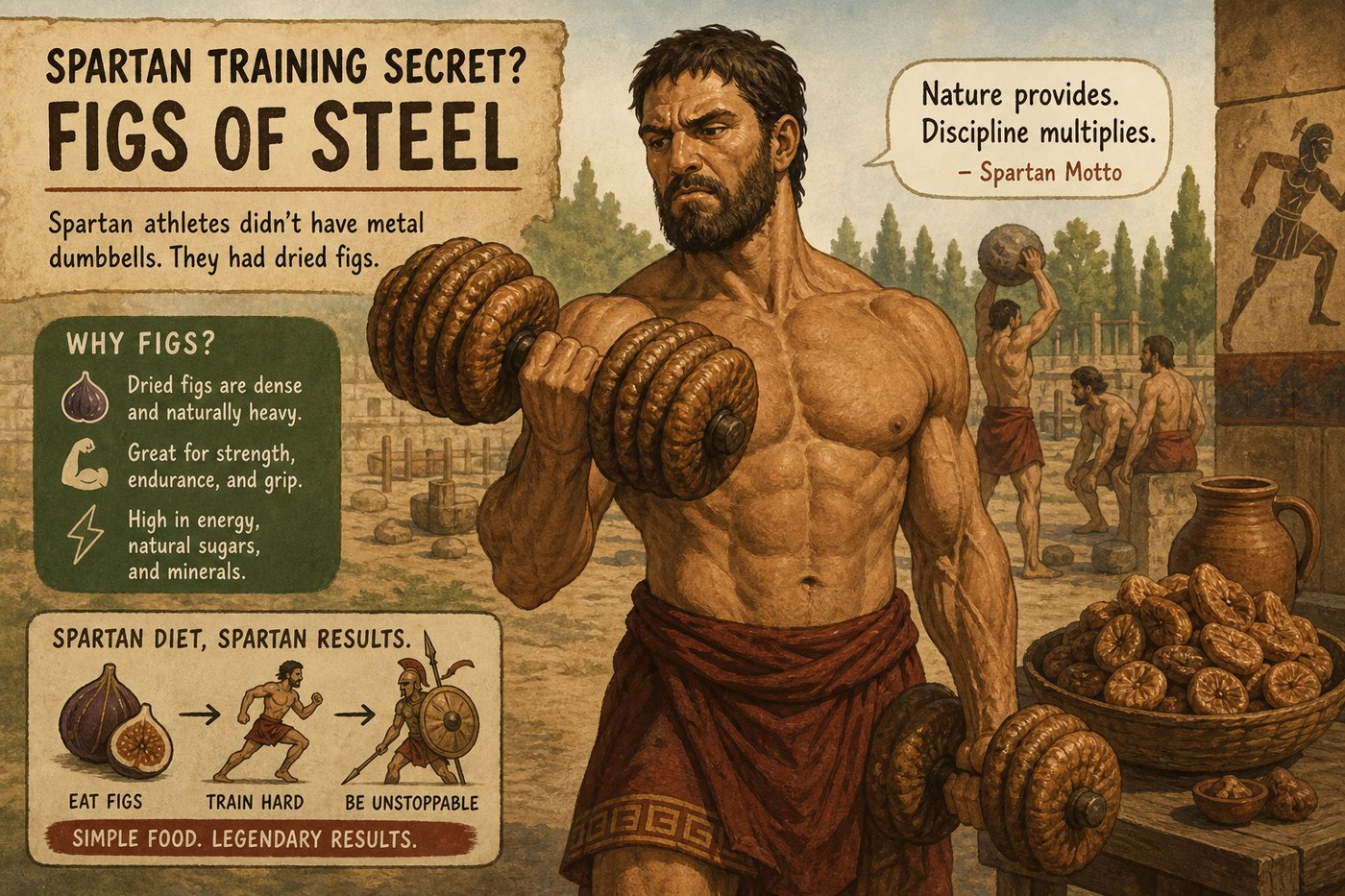 Ancient Spartan athlete training on dried figs, the natural energy food of Olympic competitors