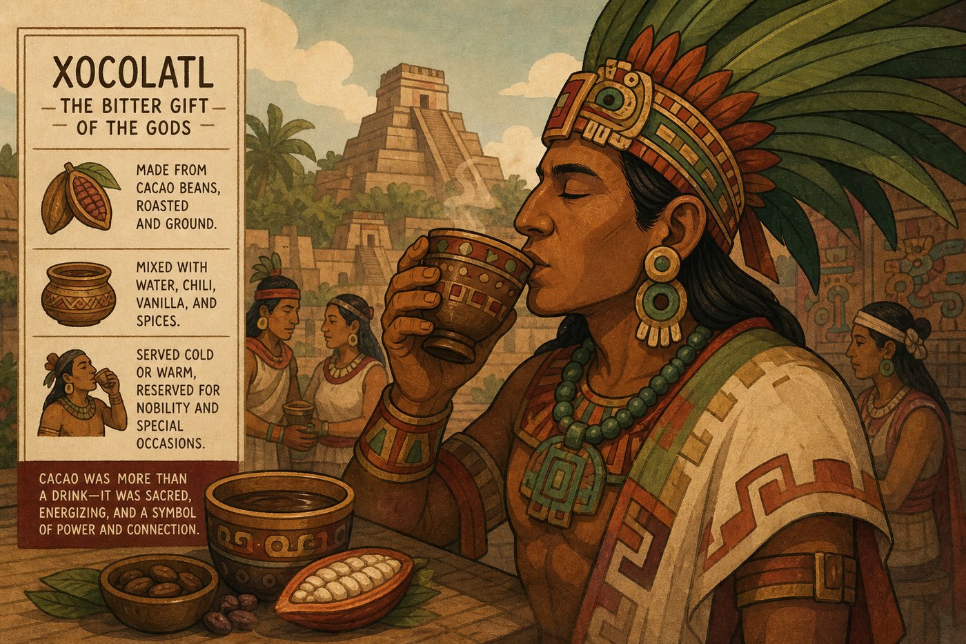 Aztec xocolatl: bitter spiced cacao drink made with chili and vanilla, reserved for nobility and warriors