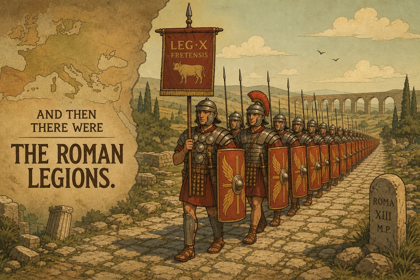 Roman legion soldiers marching with hardtack, bacon fat, and posca rations along a Roman road