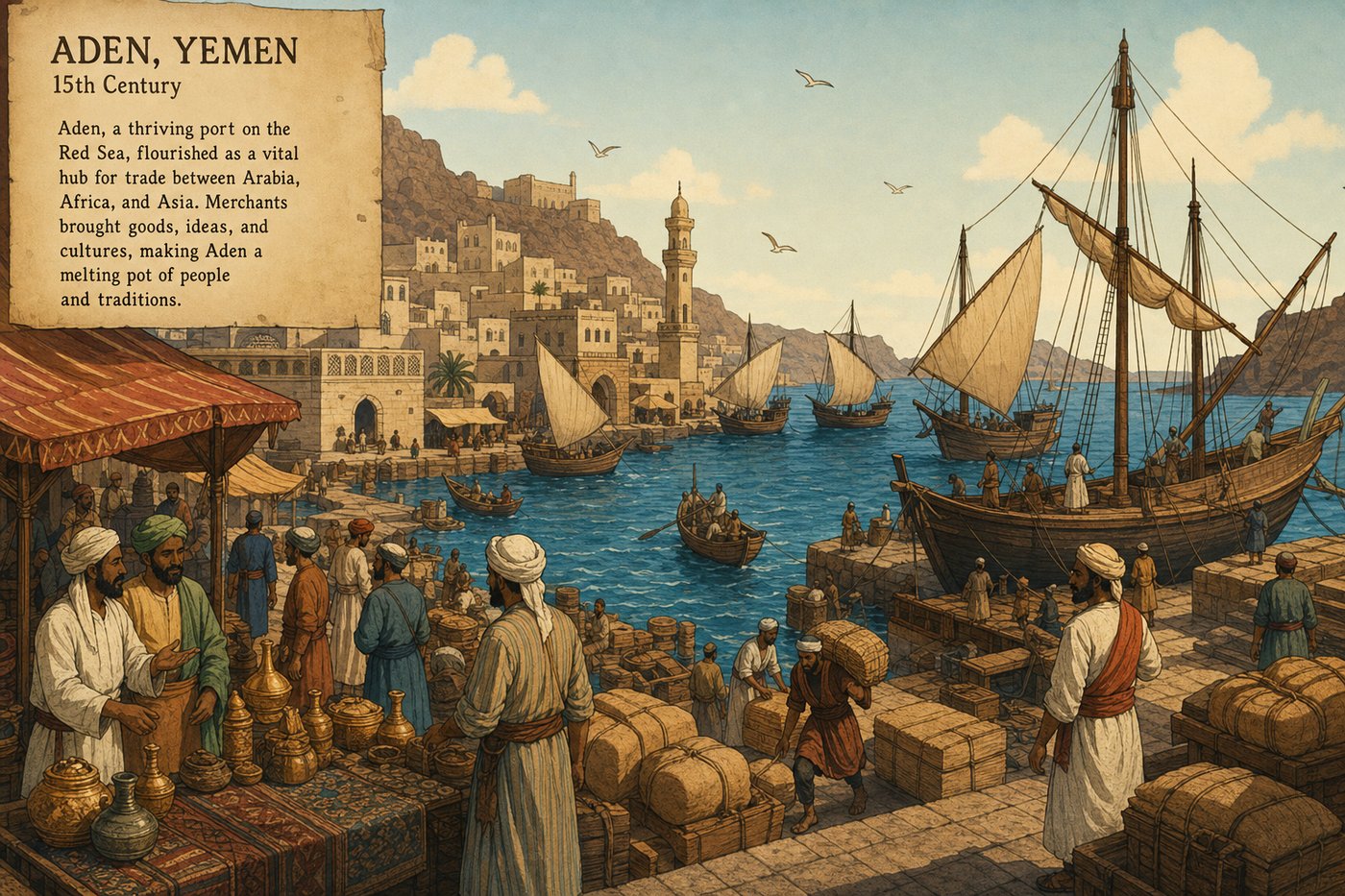 15th century Aden, Yemen, the Red Sea port city where roasted brewed coffee was first documented