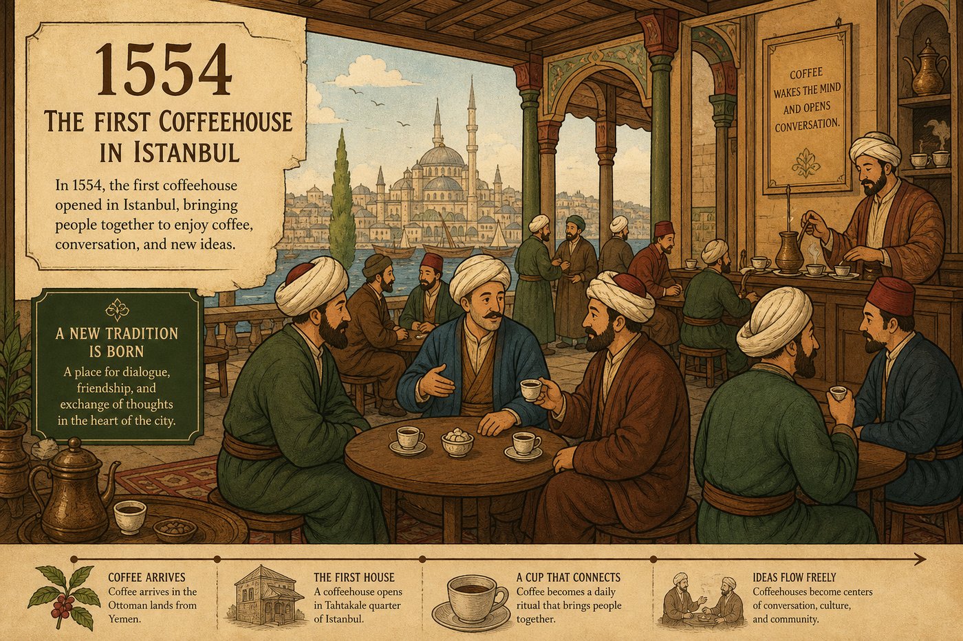 The first coffeehouse in Istanbul, 1554, where coffee became a center of conversation, culture, and ideas