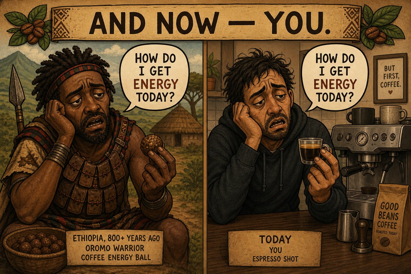 An ancient Oromo warrior and a modern espresso drinker asking the same question: how do I get energy today?