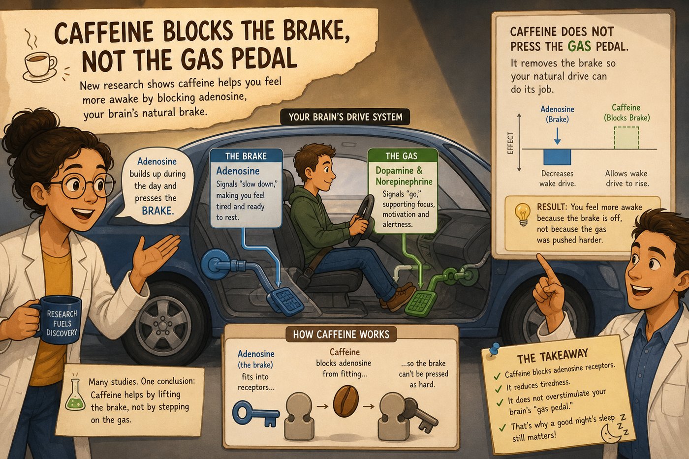 Caffeine blocks the brake, not the gas pedal, for energy