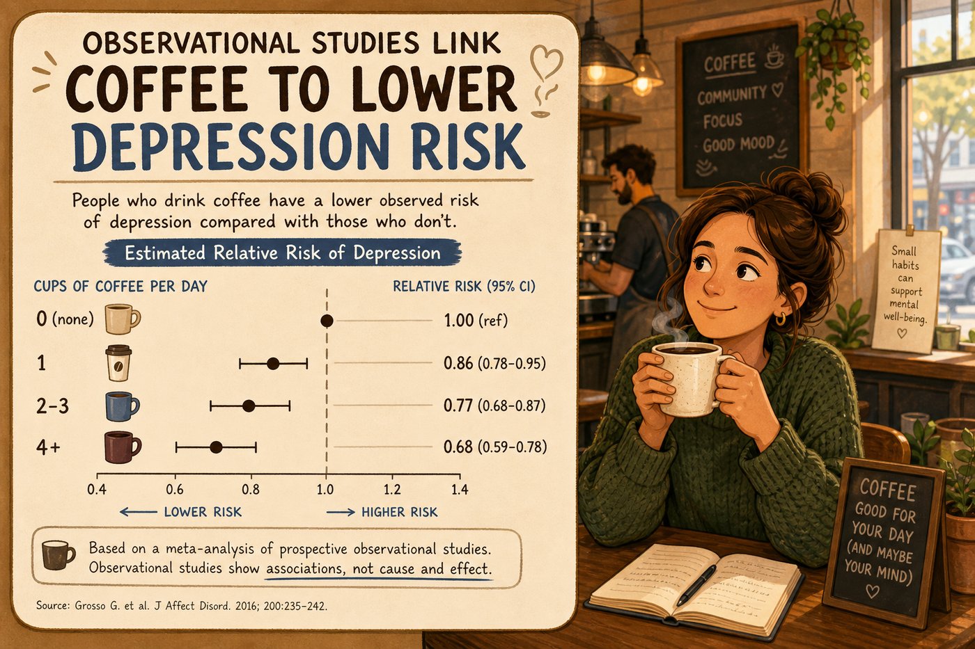 Observational studies linking coffee drinking to lower depression risk