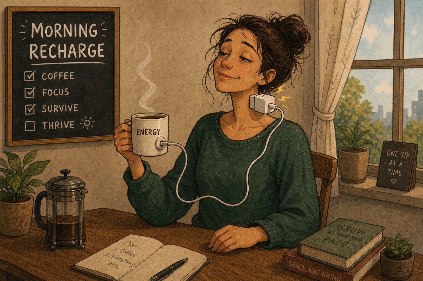 Does caffeine give you energy? A morning coffee cup next to a brain waking up