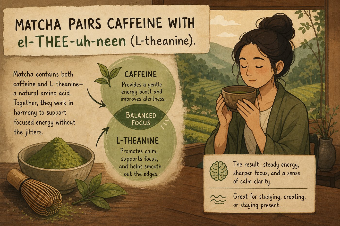 Matcha pairs caffeine with L-theanine from the same leaf