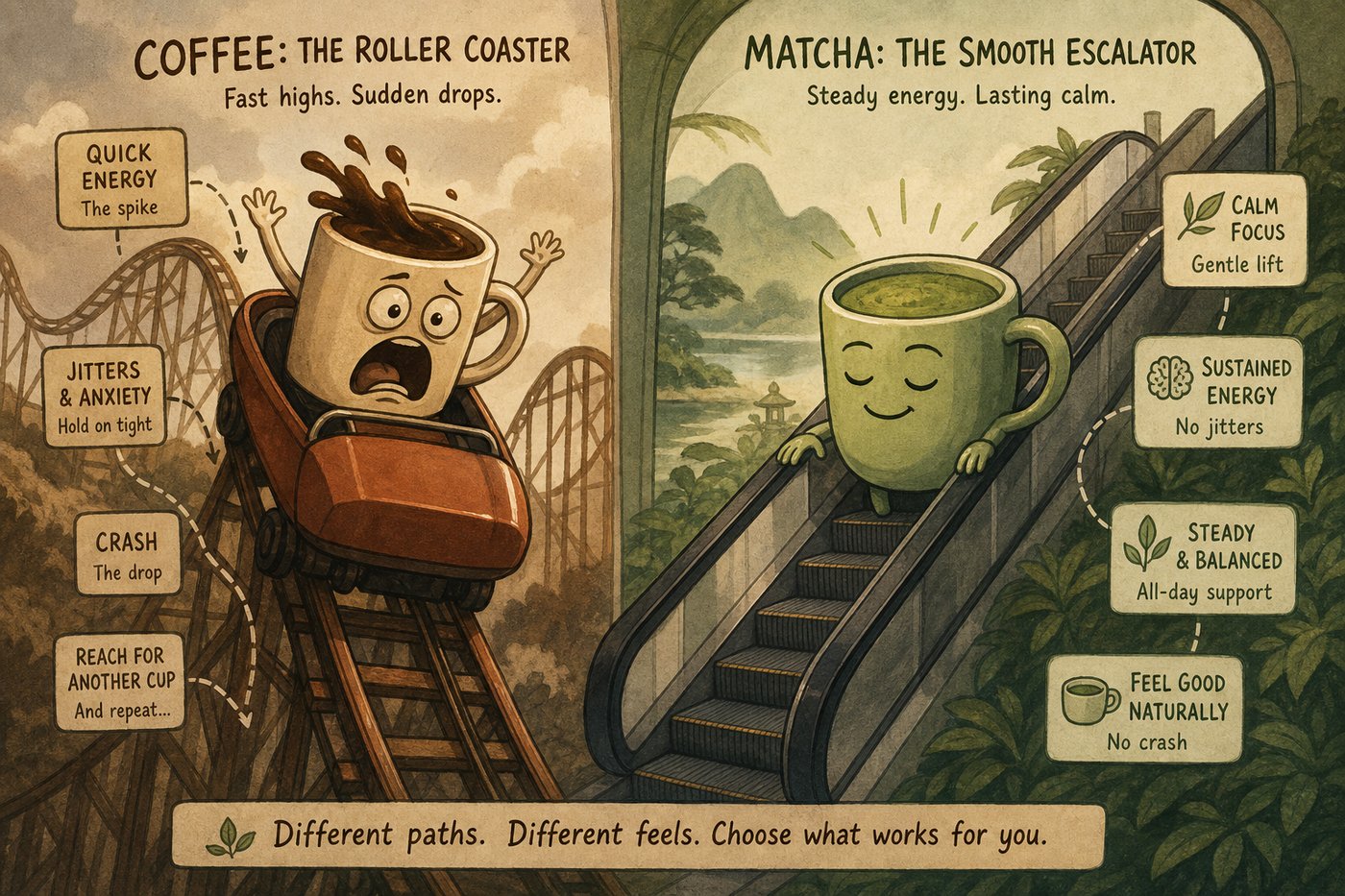 Coffee as roller coaster versus matcha as escalator energy