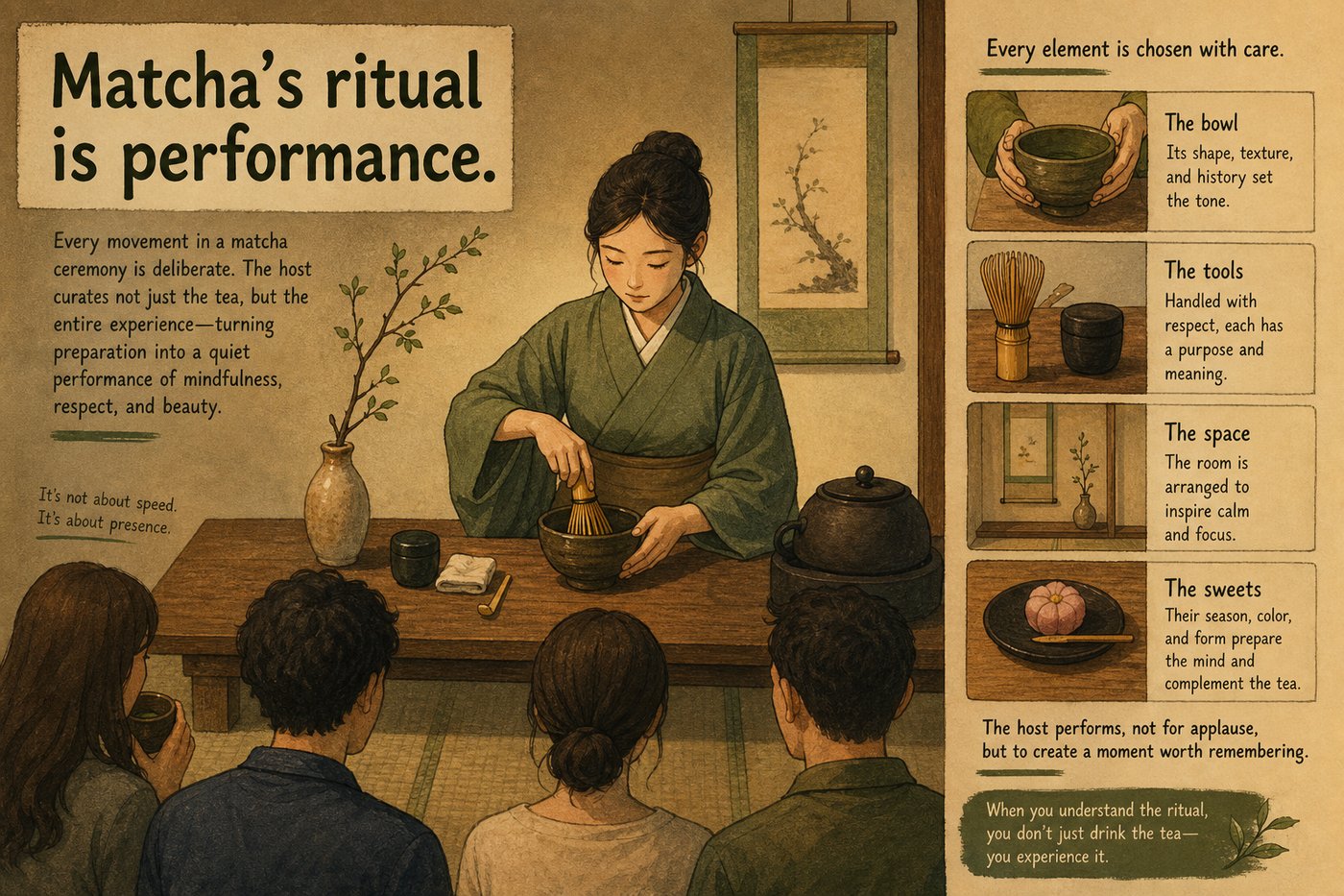 Matcha's ritual is performance: whisk, foam, film the pour
