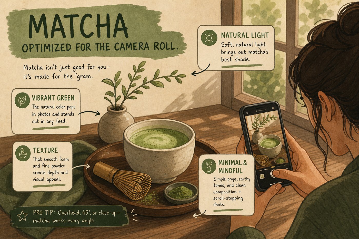 Matcha optimized for the camera roll versus coffee for the commute