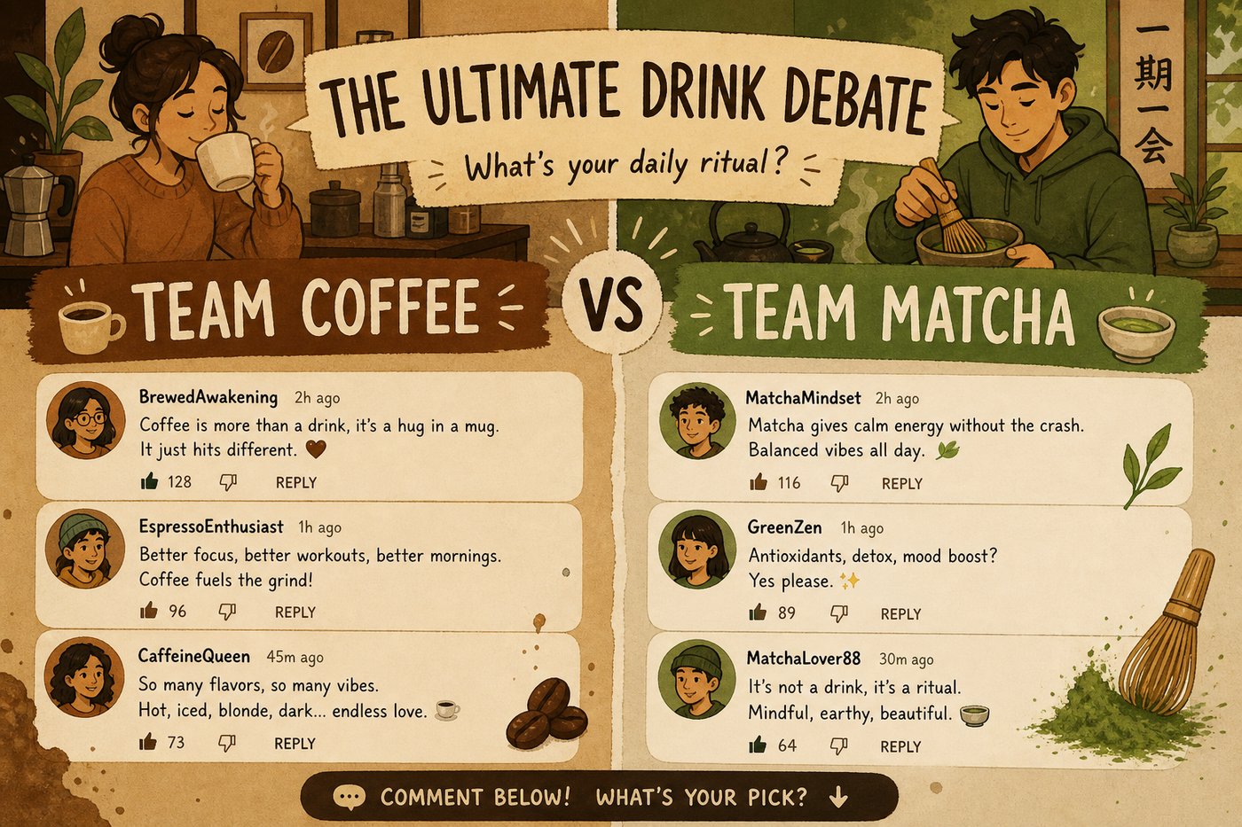 Team Coffee or Team Matcha: which cup matches your life