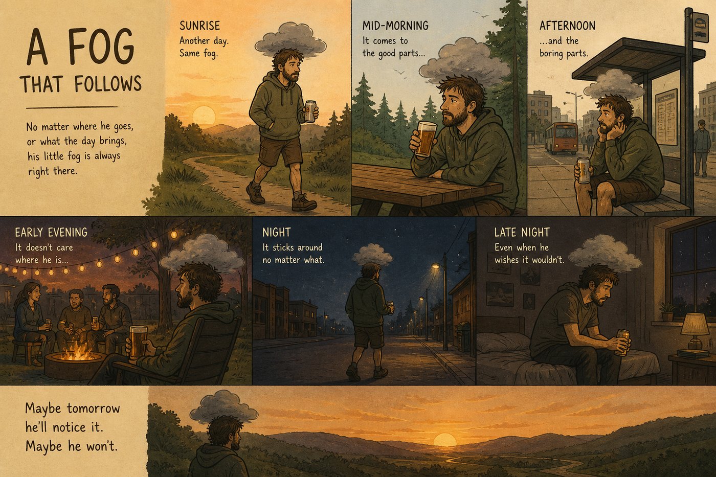 A beer drinker walking from sunrise to sunset with a small personal fog cloud around his head