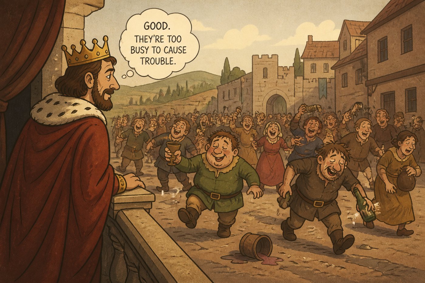 A king looks relieved watching a drunken crowd stumble past, too busy to cause trouble