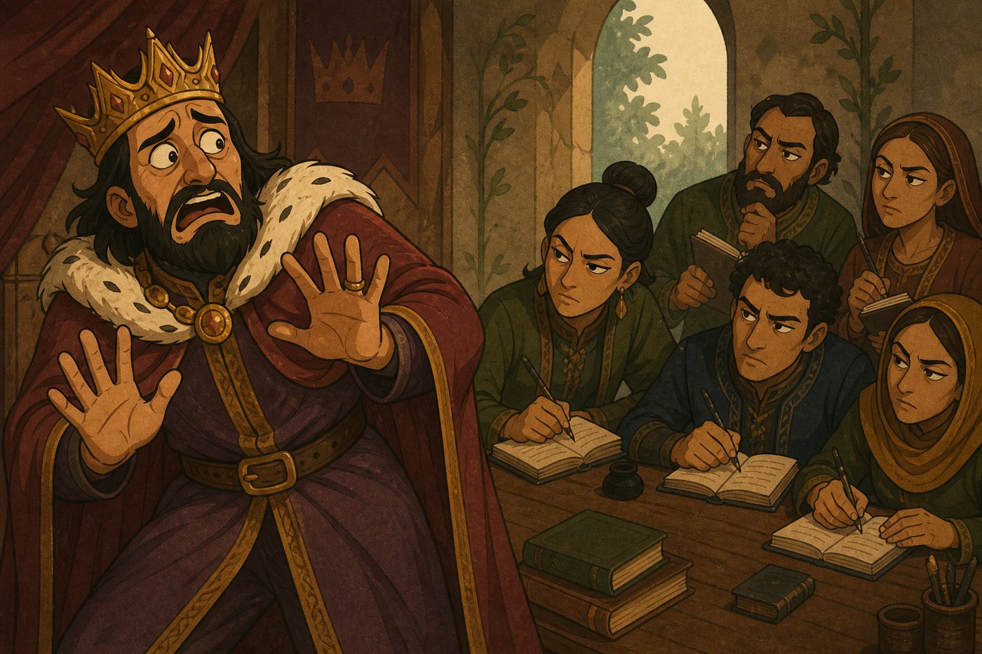 The same king recoiling in horror at a table of sharp-eyed coffee drinkers quietly taking notes