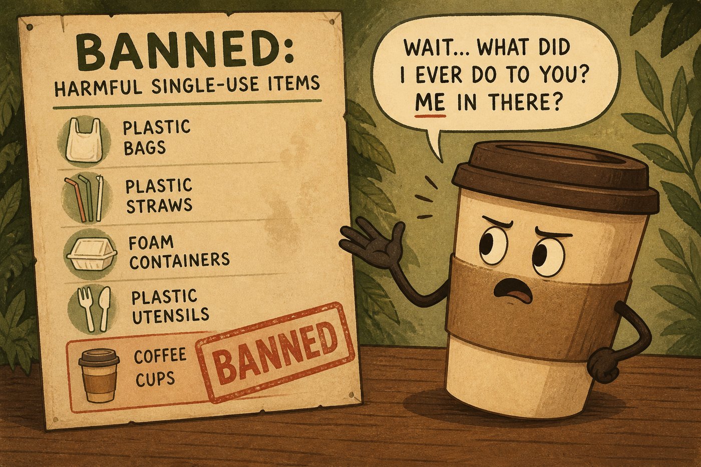 A coffee cup getting the same banned stamp as alcohol and tobacco, looking personally offended