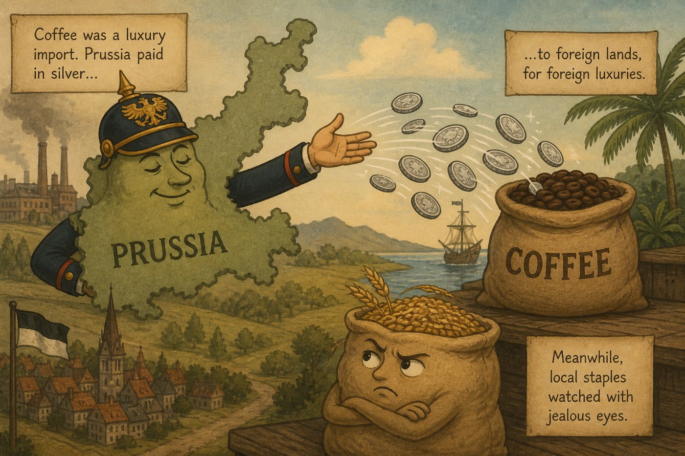 Prussian silver coins flying out of the country toward a foreign coffee sack while local grain looks jealous