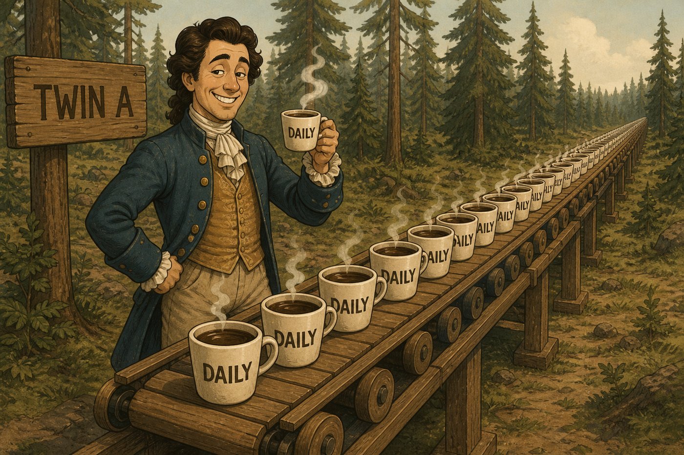 Twin A beside an endless daily conveyor belt of coffee cups in Gustav's royal trial