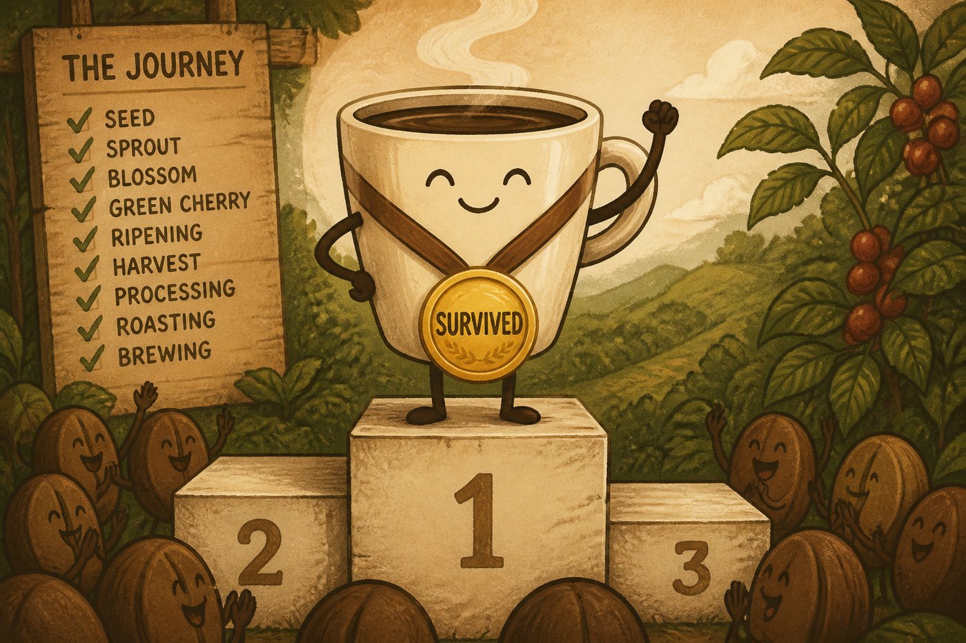 A coffee cup on a winner podium wearing a gold medal after surviving Sweden's royal trial