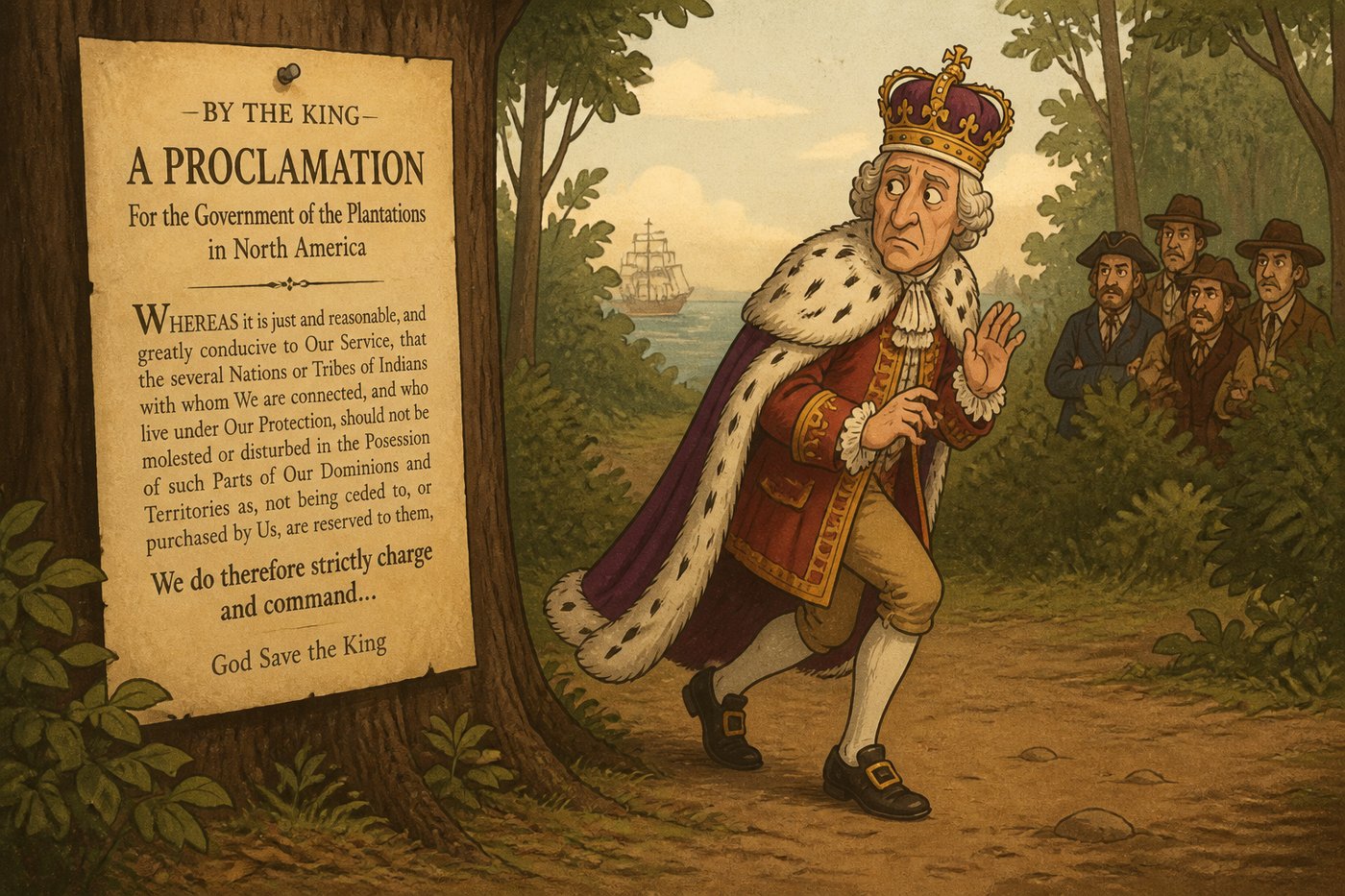 King Charles II tiptoeing away from his own coffeehouse ban, hoping nobody notices