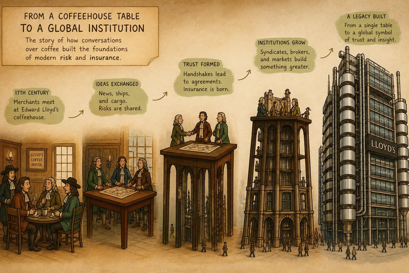 Edward Lloyd's coffeehouse on Tower Street evolved into the global insurance market Lloyd's of London