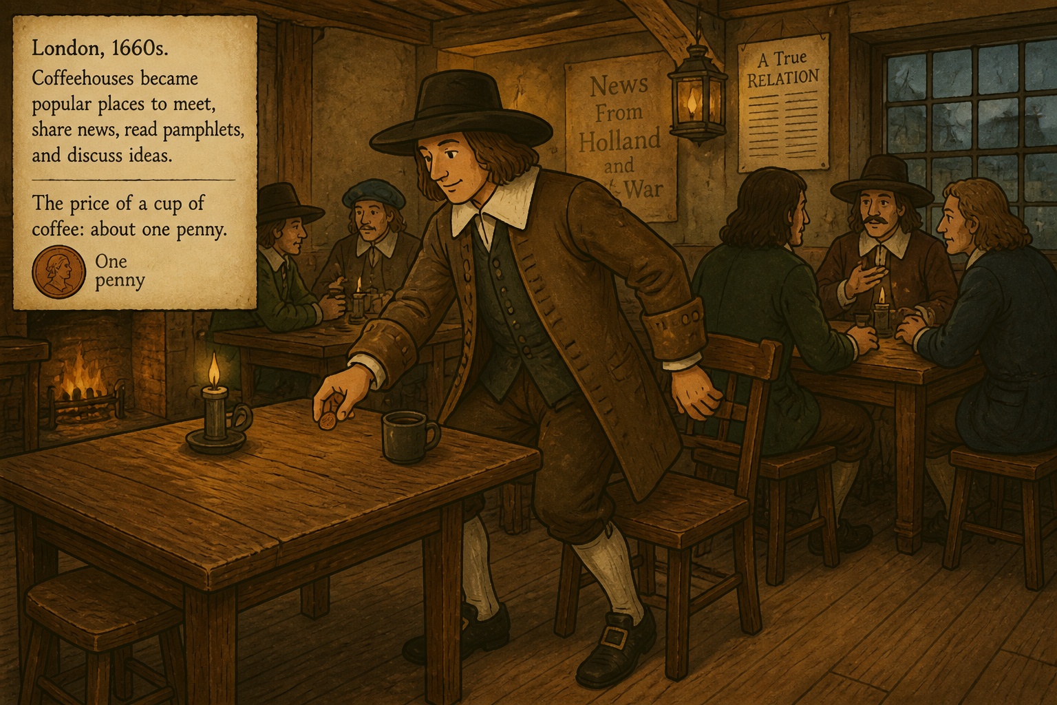 For a single penny anyone could buy a dish of coffee and a seat inside a 17th-century coffeehouse