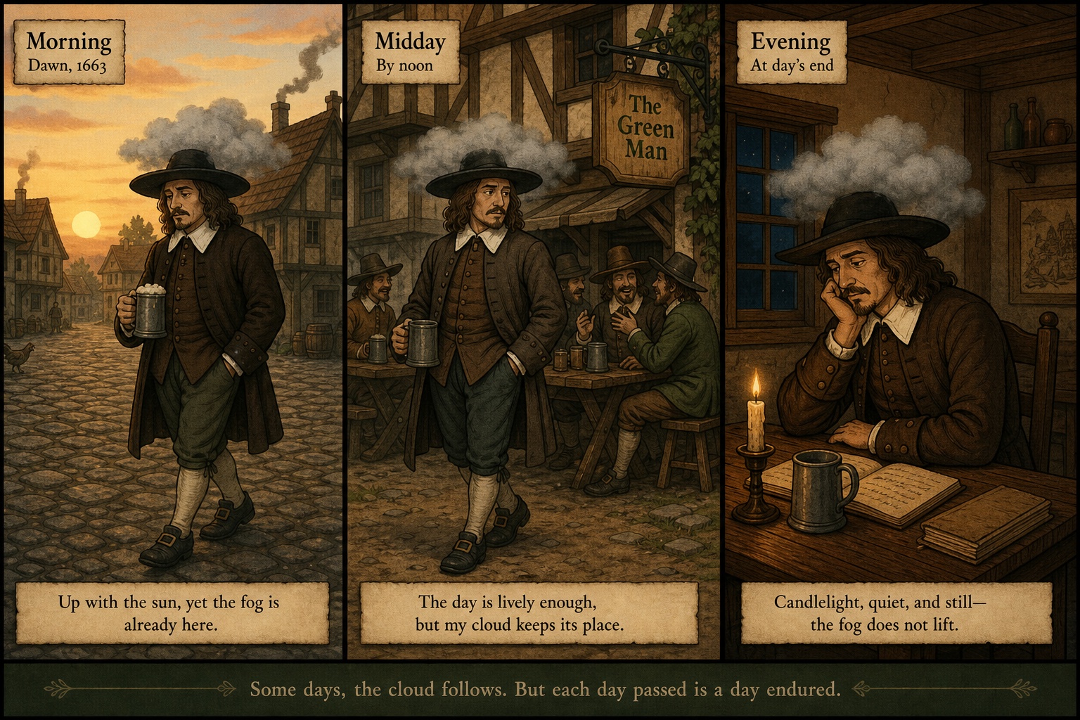 A beer drinker walking from sunrise to sunset with a small personal fog cloud around his head