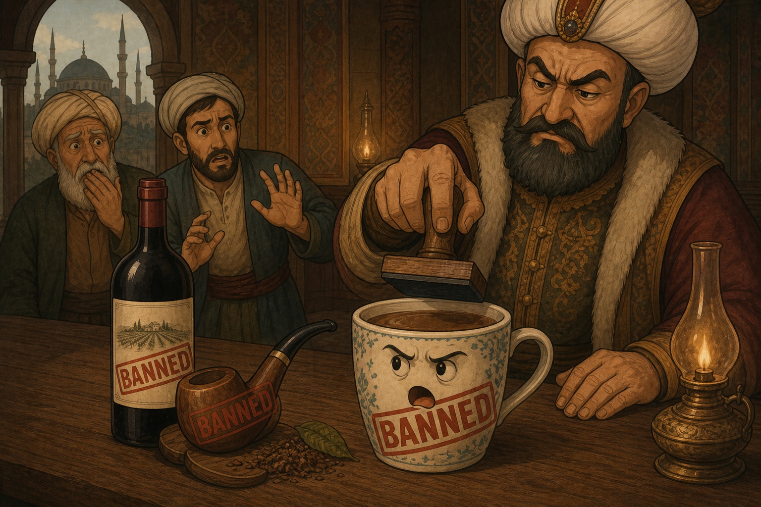 A coffee cup getting the same banned stamp as alcohol and tobacco, looking personally offended
