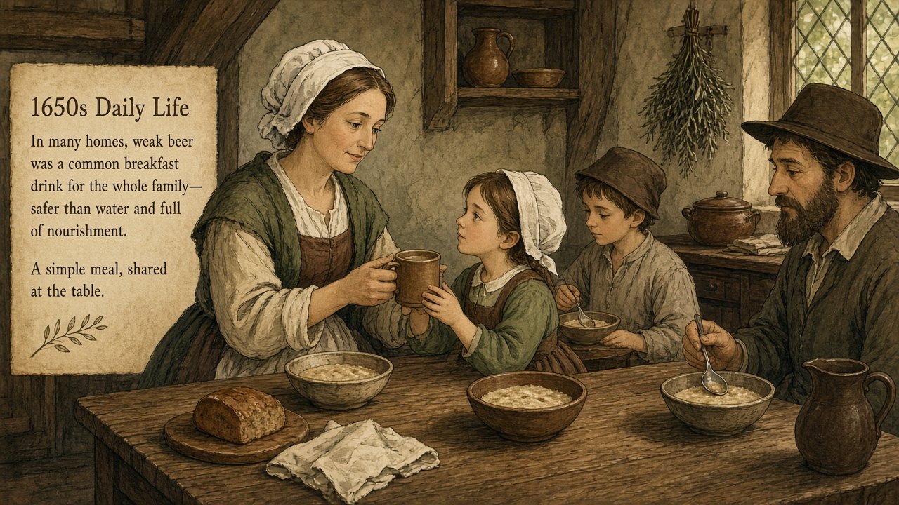 A 1650s mother calmly handing a small beer mug to a child at the breakfast table