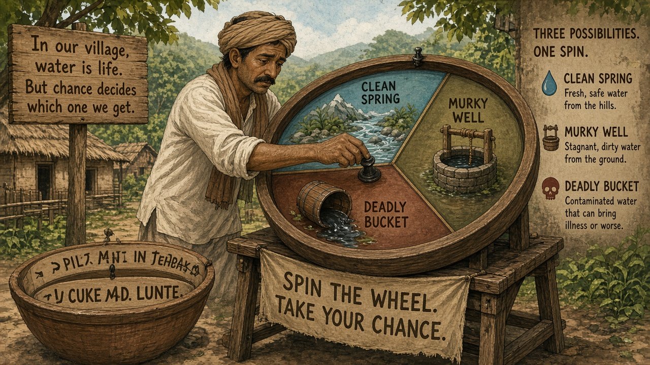 A villager spinning a water roulette wheel labeled clean spring, murky well, and deadly bucket