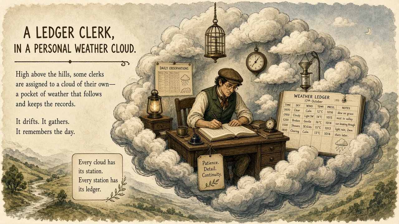 A ledger clerk working slowly inside a personal fog cloud of mild morning beer