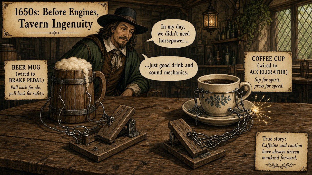A beer mug wired to a brake pedal beside a coffee cup wired to a sparking accelerator