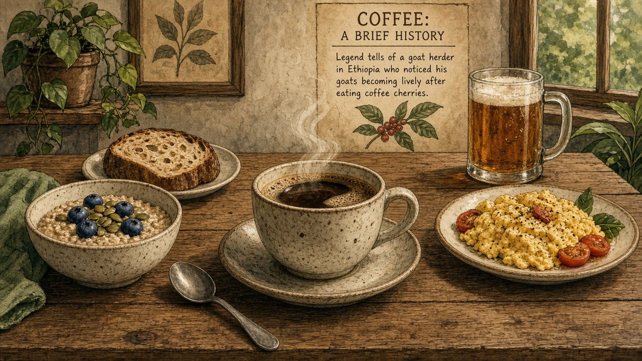 A breakfast table with the beer mug scooted to the edge and coffee taking the center spot