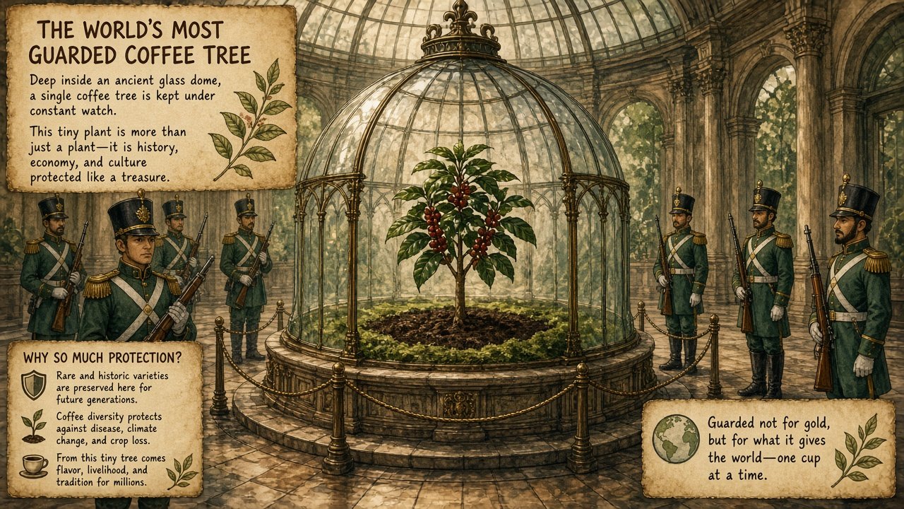 A single tiny coffee tree under a giant royal glass dome with guards all around it