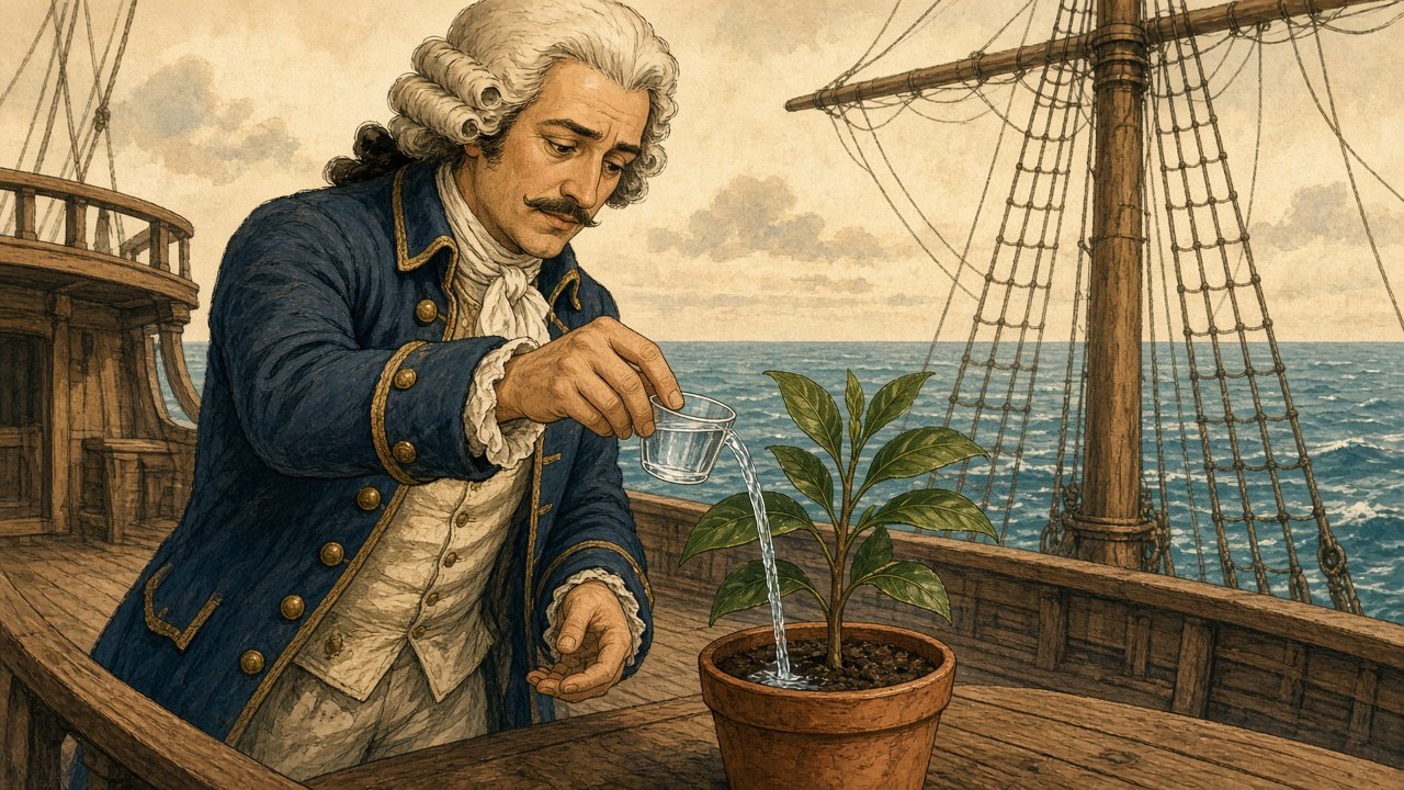 De Clieu splitting his last water cup half for himself and half for the coffee seedling