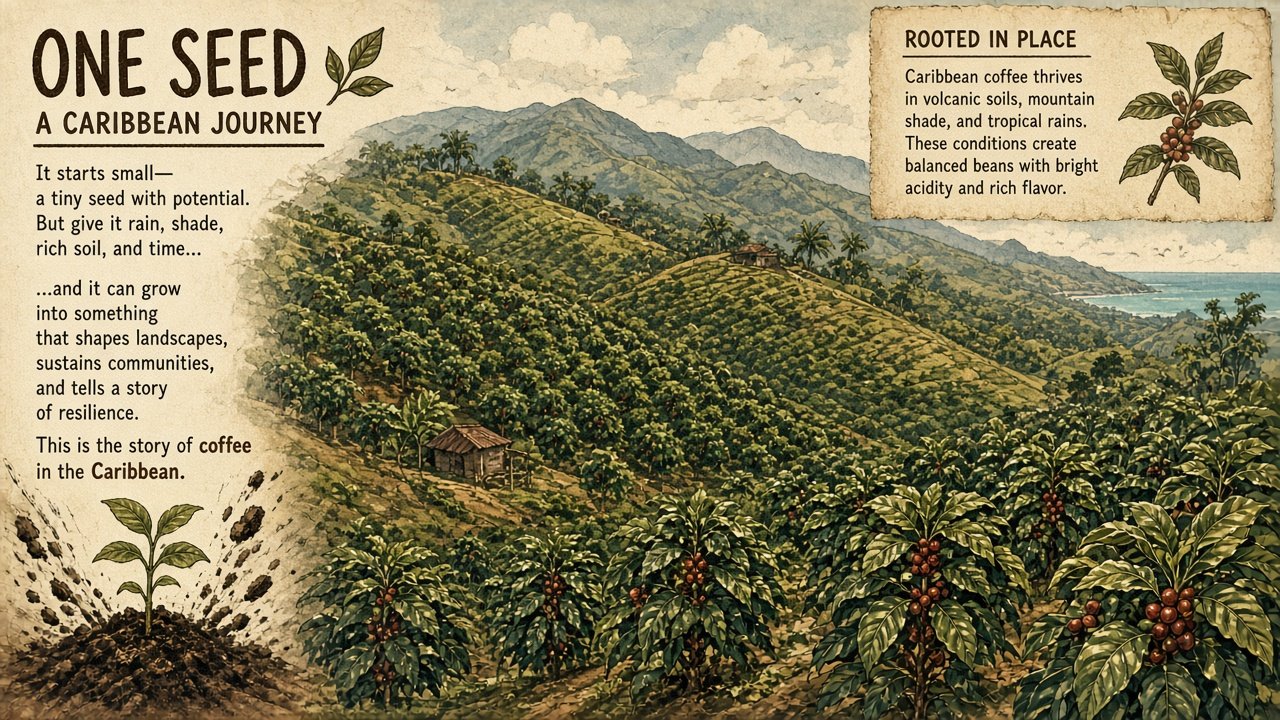 One tiny coffee seedling exploding into a forest of trees across Caribbean hills