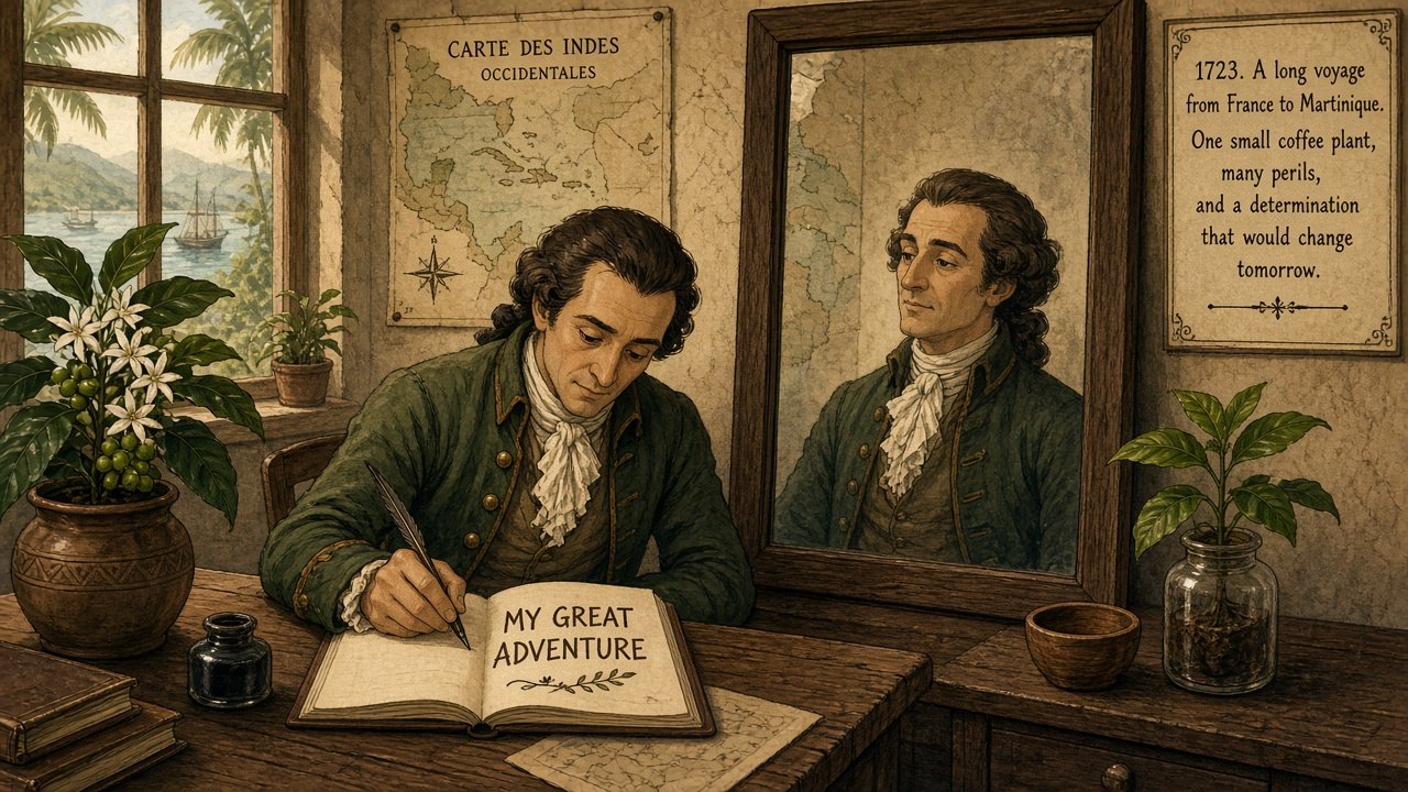 De Clieu at a desk writing My Great Adventure with a mirror facing him