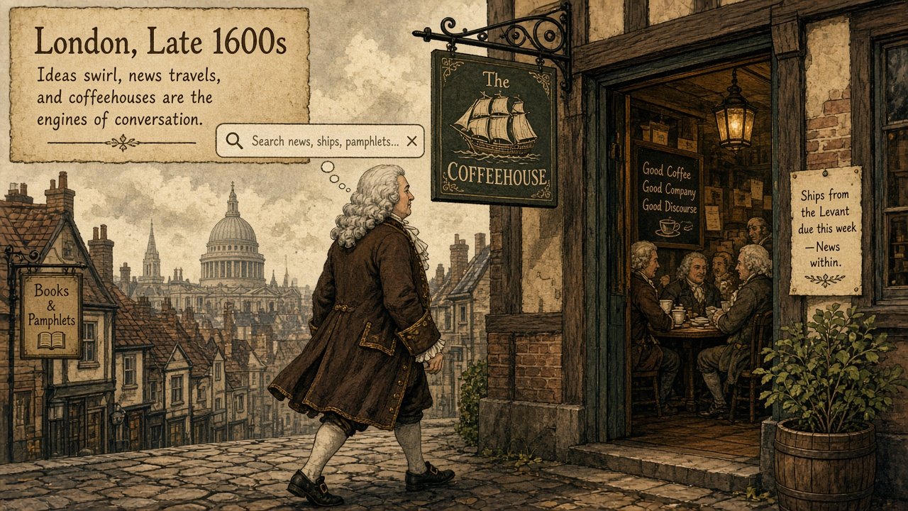 A 1690s man ignoring a floating search bar and walking into the coffeehouse door with a ship icon