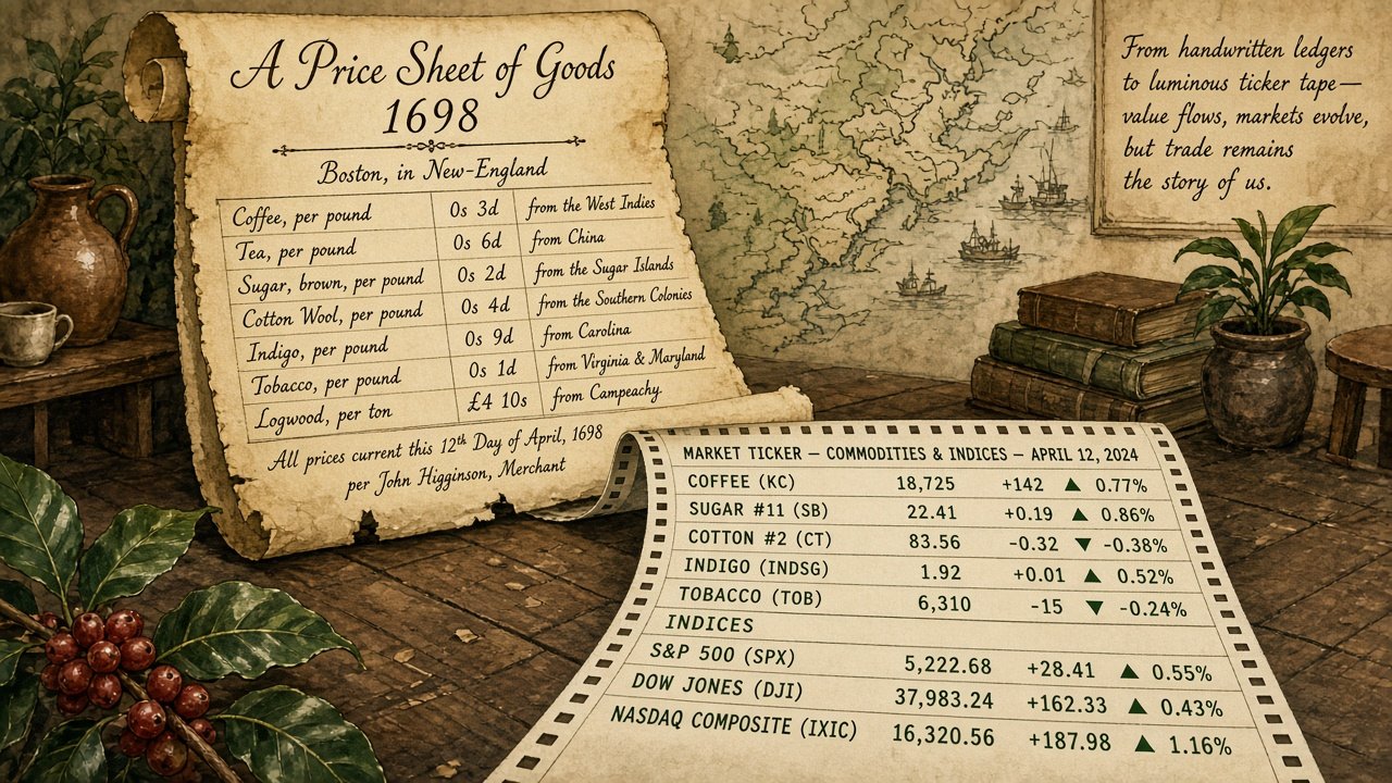 A 1698 handwritten price sheet unrolling into a modern ticker tape across a coffeehouse floor