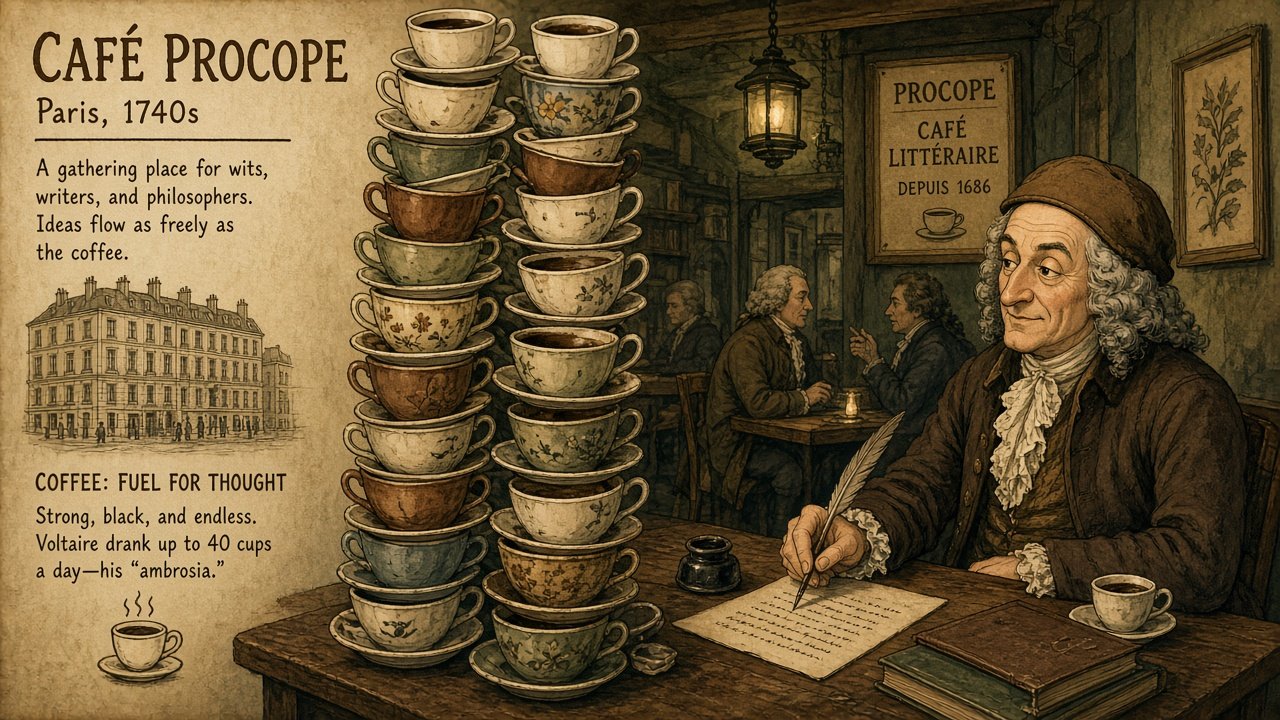 Voltaire at Cafe Procope behind a ridiculous tower of empty coffee cups